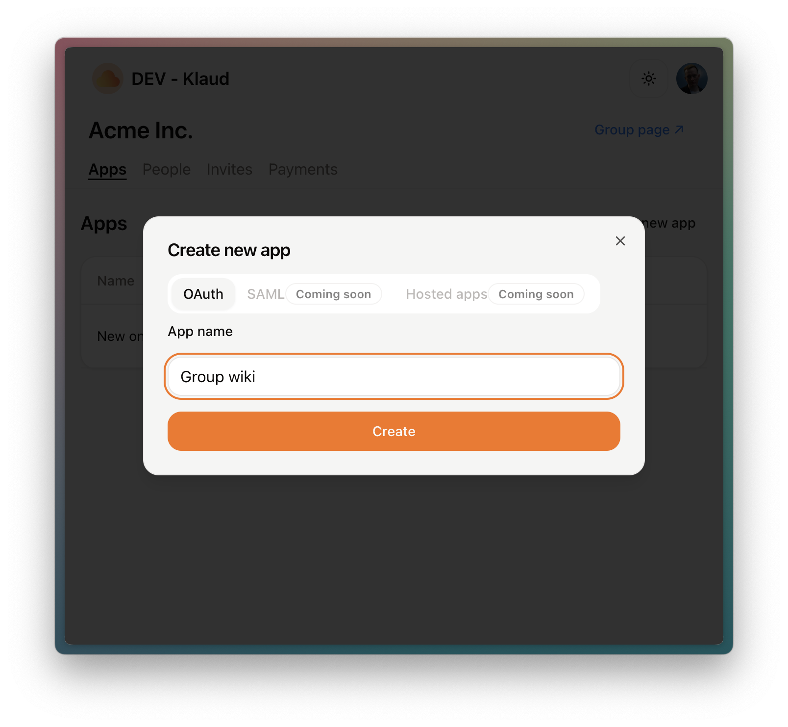 Create app form