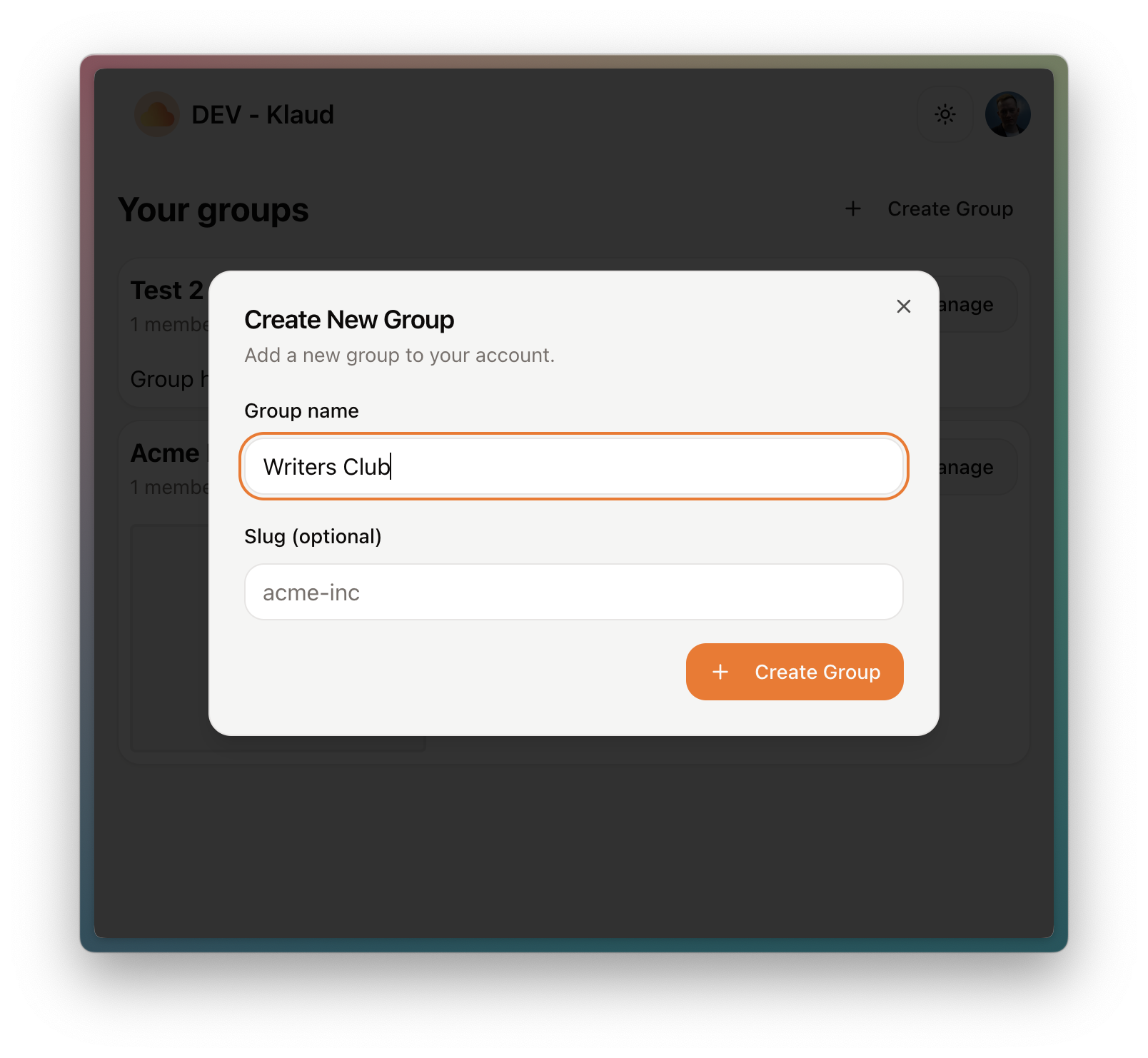 Group creation form